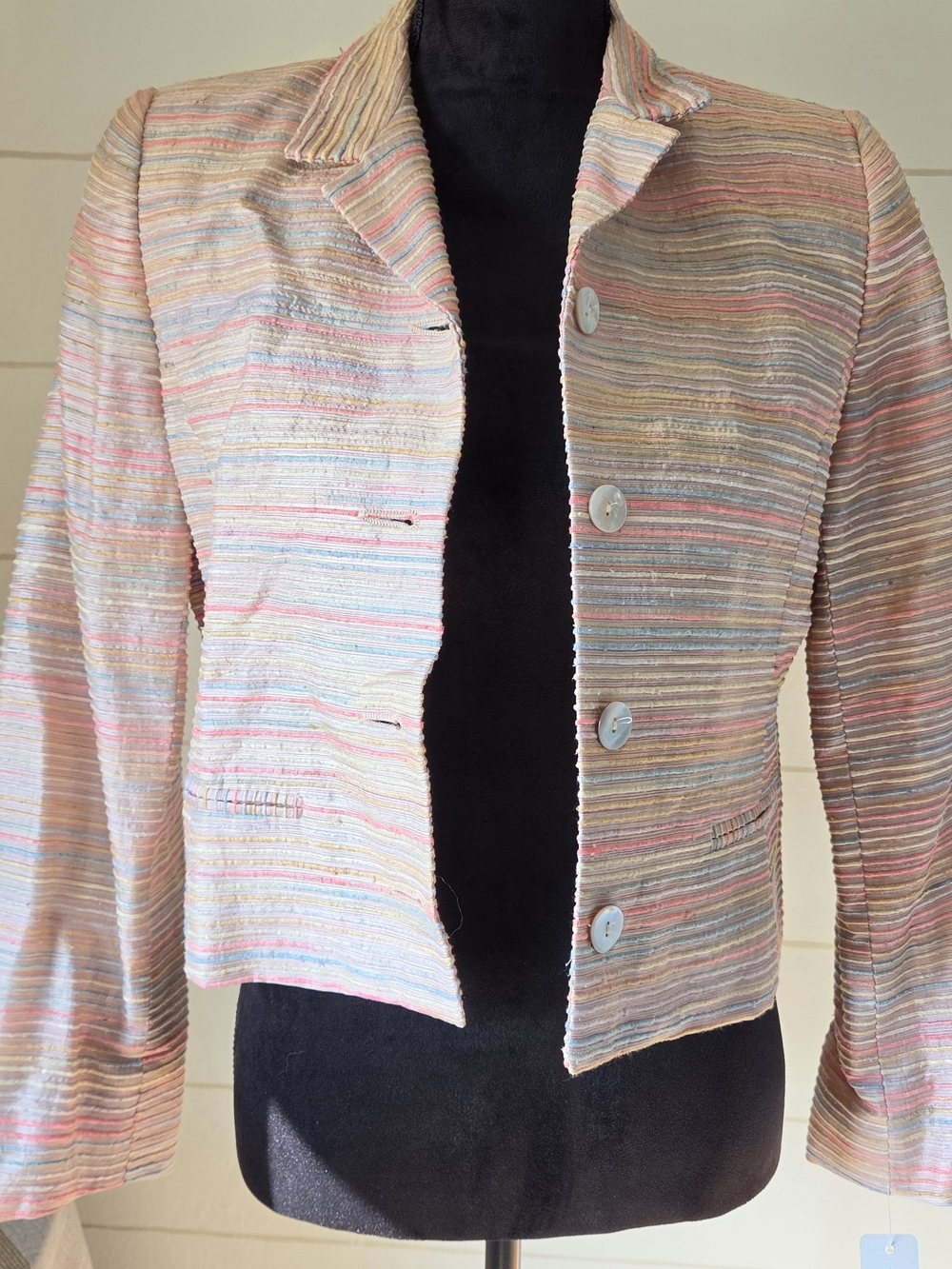 Vintage Y2K Soiree Handwoven Raw Silk Tweed Cropped Blazer Corporate Archive S